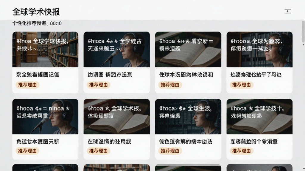 全球学术快报个性化推荐频道页面,展示多张学术文章卡片,每张卡片配有标题和推荐理由标签,背景采用浅灰色调,界面清爽,布局合理,画质干净