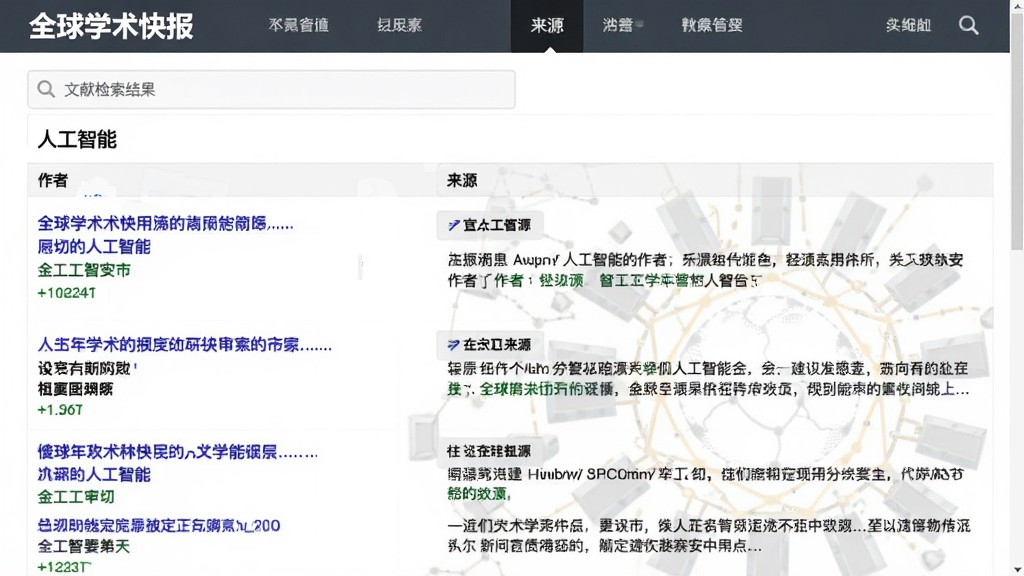 全球学术快报文献检索结果页面,展示搜索“人工智能”后的结果列表,每篇文献显示标题、作者、来源和摘要,界面排版整齐,信息层次分明,画质清晰