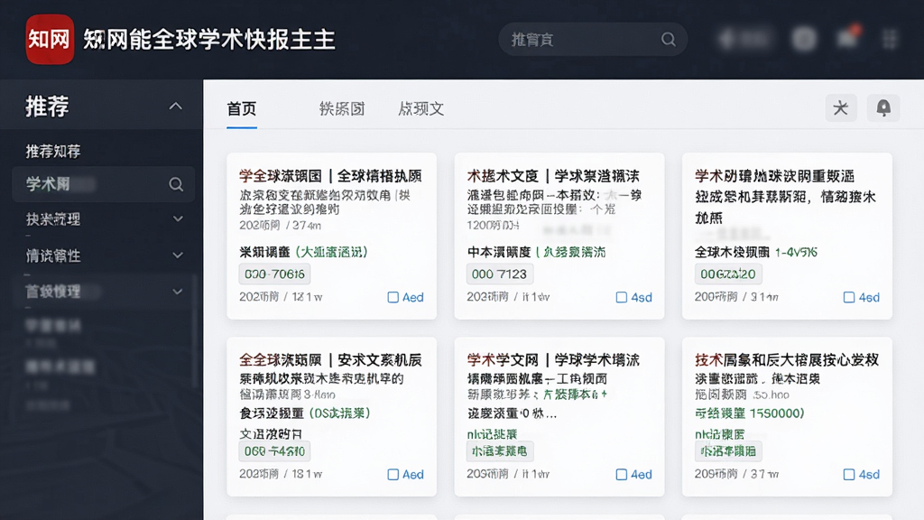 全球学术快报主界面截图,展示首页推荐的学术文章卡片列表,布局清晰,左侧为知网红色logo,整体风格简约大气,界面干净,画质清晰,无多余元素