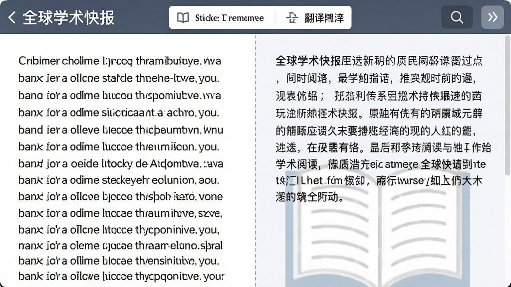 全球学术快报中英文对照阅读界面,左侧为英文原文,右侧为中文翻译,中间以虚线分隔,顶部有翻译工具栏,界面清晰,字体舒适,画质细腻