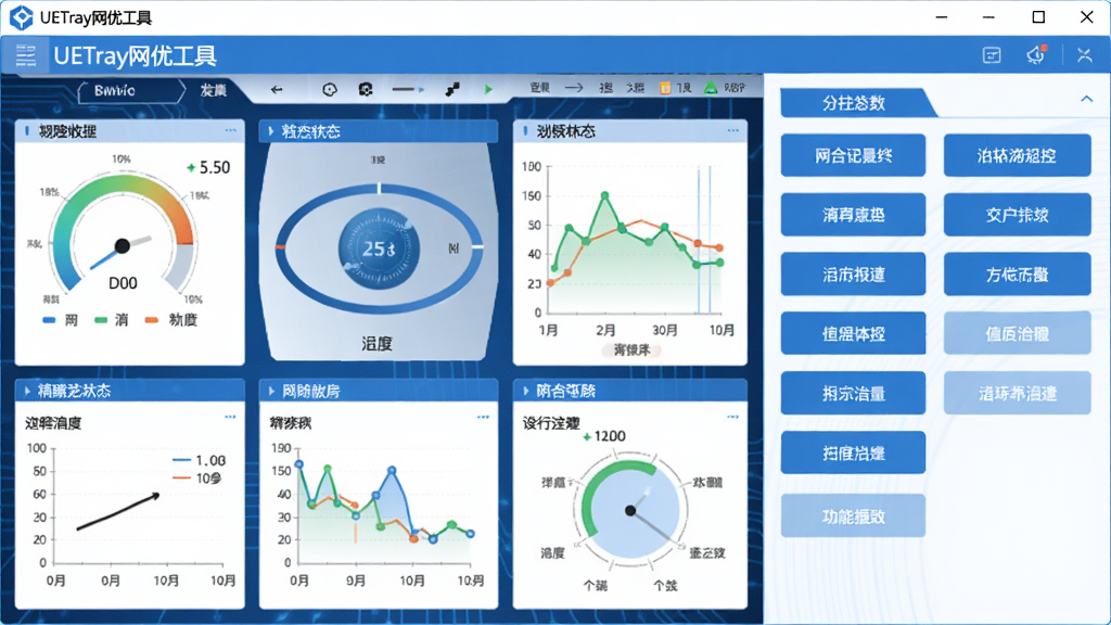 图片显示UETray网优工具主界面,左侧是网络状态仪表盘,右侧是功能按钮列表,整体采用蓝白配色,科技感十足,界面干净整洁,画质清晰,无多余元素。