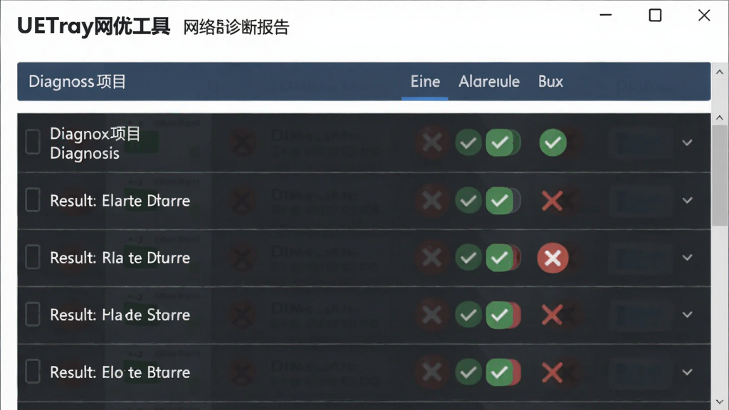 图片展示UETray网优工具网络诊断报告页面,包含诊断项目列表和结果图标,绿色对勾表示正常,红色叉号表示异常,界面清晰,画质干净,无多余元素。