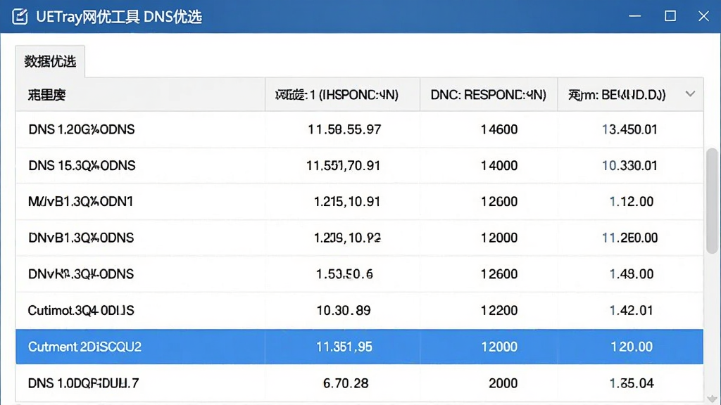 图片展示UETray网优工具DNS优选界面,表格列出多个DNS服务器及其响应时间,当前最优项高亮显示,界面简洁,数据清晰,画质干净,无多余元素。