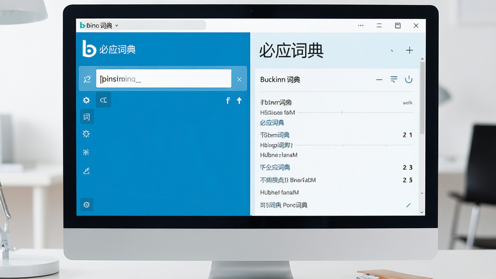 图片展示必应词典主界面,左侧为输入框,右侧为翻译结果,整体风格简洁现代,以蓝色和白色为主色调,界面干净明亮,配文“必应词典”字样,高清画质,无多余元素。