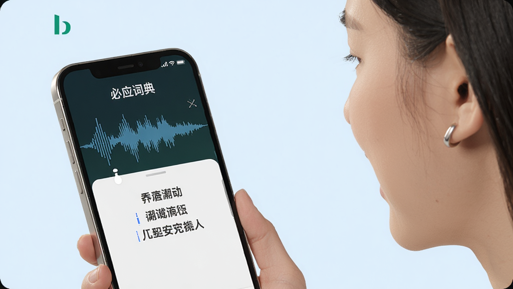 展示必应词典语音翻译使用场景,用户对着手机说话,屏幕显示语音波形和翻译结果,界面背景淡蓝,突出“必应词典”logo,画质清晰,无多余元素。