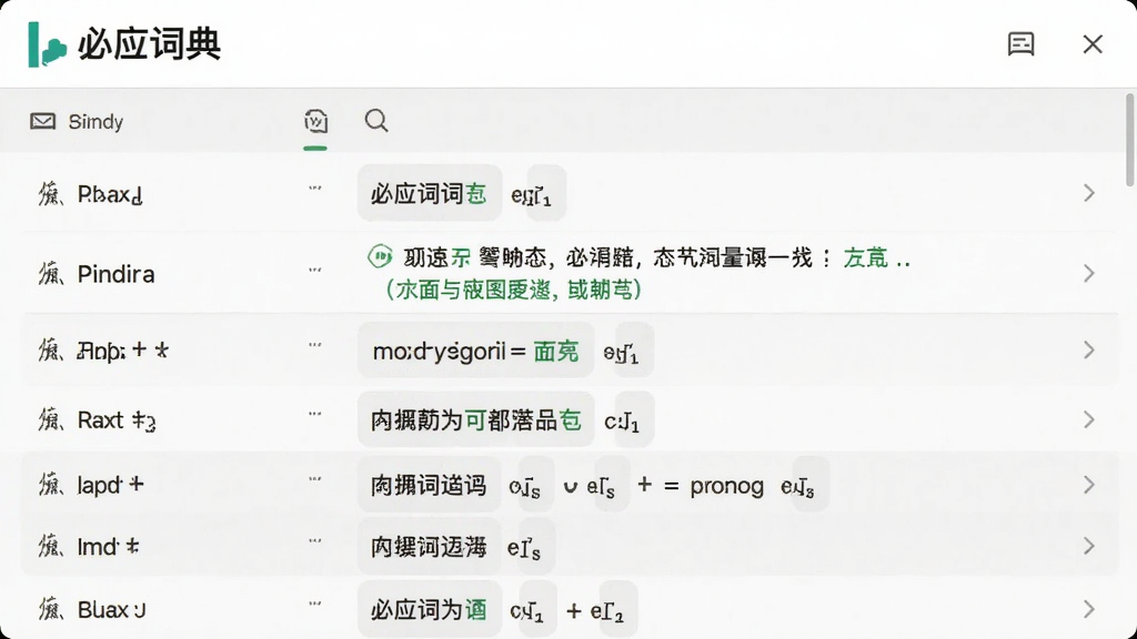 展示必应词典生词本界面,列表展示单词和释义,背景为浅色,界面简洁,配有“必应词典”字样,画质干净,无多余元素。