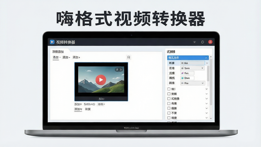 一张现代简约风格的软件功能展示图,主体为笔记本电脑屏幕上的嗨格式视频转换器主界面,界面清晰显示视频添加区域和格式选择列表,布局规整,浅色背景,画面干净,突出软件名称“嗨格式视频转换器”,画质高清,无多余元素