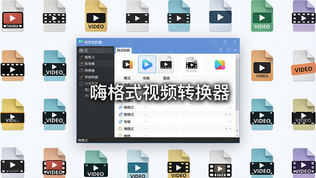 一张俯视构图的概念图,周围散落着各种视频格式的文件图标,中心位置是嗨格式视频转换器软件窗口,窗口内展示着格式转换列表,风格简洁明亮,突出“嗨格式视频转换器”名称,布局有序,画质干净