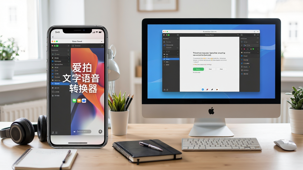 爱拍文字语音转换器使用场景示意图,主体为一部手机和一台电脑同时显示软件界面,背景为办公桌,布局左右分布,排版自然,风格写实,细节有耳机和笔记本,画质清晰干净无多余元素