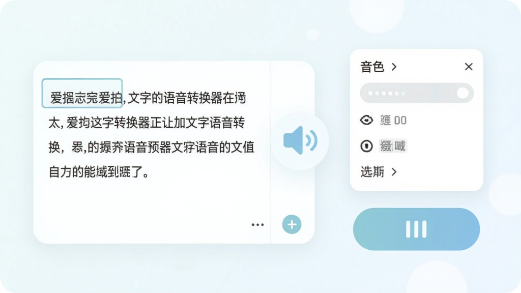 爱拍文字语音转换器文字转语音功能预览图,主体为一段文字编辑框旁边有扬声器图标,布局左右对称,排版美观,风格清新柔和,细节显示音色选择列表与播放按钮,画质干净无多余元素
