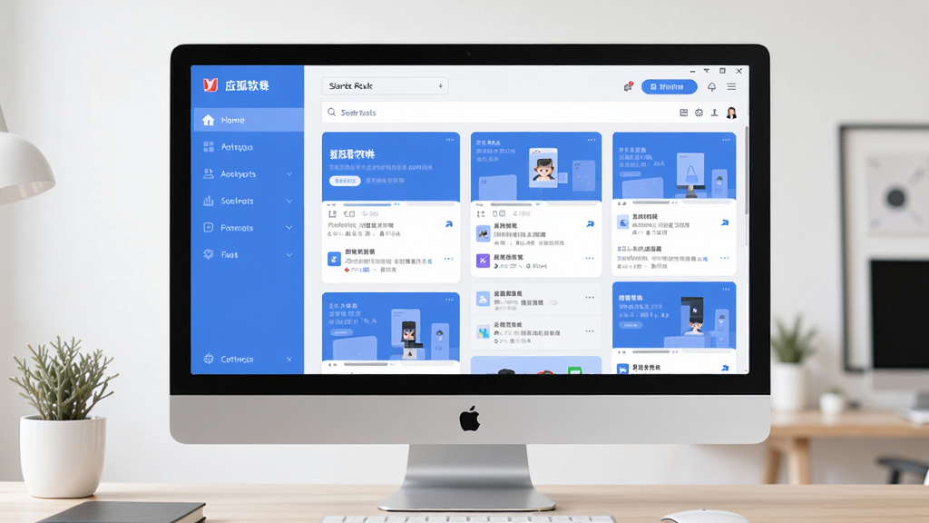现代简约风格的软件主界面展示,主体为应狐软件在电脑屏幕上的运行效果,布局清晰,左侧为功能导航栏,右侧为搜索结果瀑布流,整体采用蓝白主色调,扁平化设计,界面干净整洁,画质清晰,无多余元素