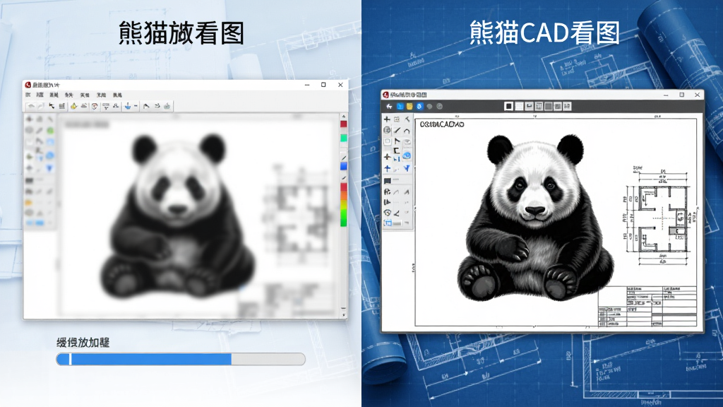 熊猫CAD看图加载大型图纸的对比效果图,左侧为普通软件缓慢加载进度条,右侧为熊猫CAD看图瞬间完成打开并清晰显示图纸细节,背景为工程蓝图风格,画面分屏对比,风格科技感强,画质干净明亮