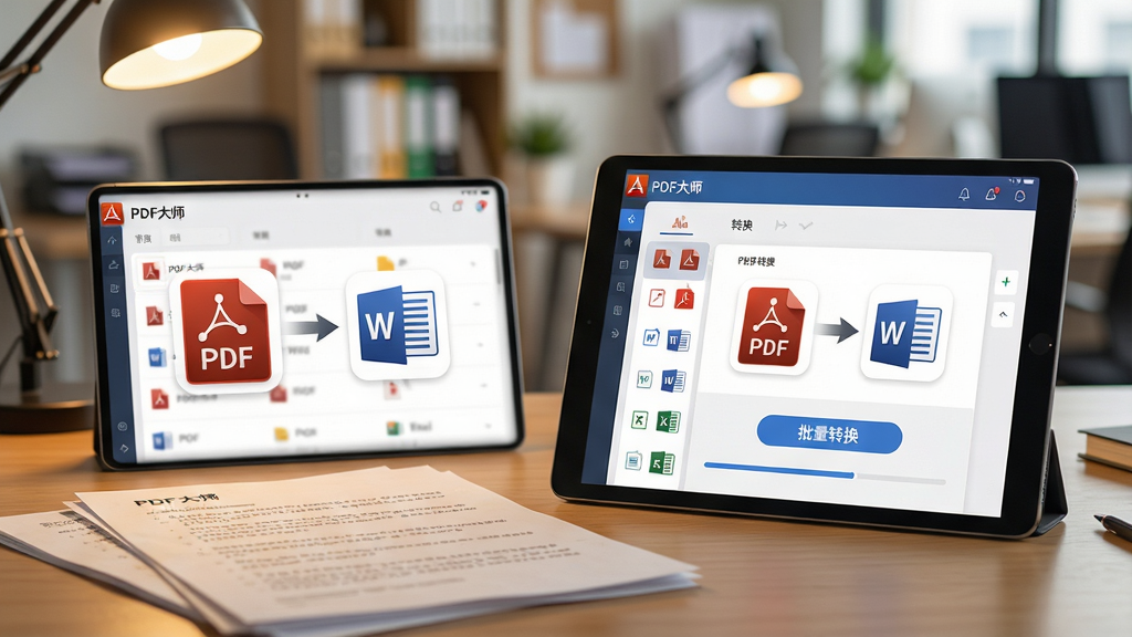 ���壺һ�Ű칫���ϰڷ��Ŷ��ֽ���ĵ����Ա�һ̨ƽ�������ʾ��PDF��ʦ����ʽת�����棬��������PDF��Wordͼ�껥ת�Ķ���Ч�������֣�����Ϊǰ����ƽ����Ծ���ƫ�ң�������ģ���İ칫�һ������Ű棺ƽ�����չʾ�ļ��б���ת����������ͼ�������ɼ������дʵ���ůɫ�����ߣ�Ӫ���Ч�칫��Χ��ϸ�ڣ�ƽ����Ļ��ͻ����PDF��ʦ���������棬ת����ť���С�����ת�����������ļ�����ͼ�����PDF��Word��Excel�����ʣ��߷ֱ��ʣ�ϸ���������޶���Ԫ�ء�