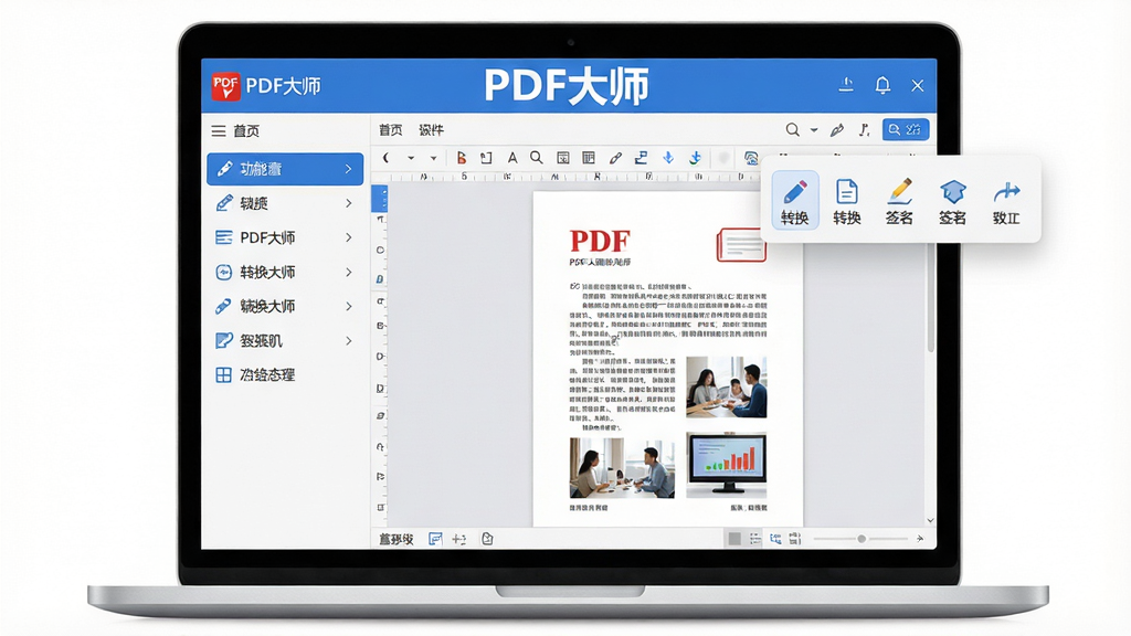 ���壺һ̨�ʼǱ�������Ļ��ʾ��PDF��ʦ�����������棬��������һ��PDF�ĵ����ڱ��༭���Ա��й��������������֣����Ծ��У�����й����б����Ҳ�Ϊ�ĵ�Ԥ�����������η������Ű棺�������࣬�˵�������������״̬�������ɼ����ĵ�ҳ����ʾ���ֺ�ͼƬ������ִ���ƽ��UI��ƣ���ɫ��ɫ���������ɫ����������רҵ�ɿ��ĸо���ϸ�ڣ��������ơ�PDF��ʦ������Ŀ������ʾ�ڴ��ڶ�����������ͼ������༭��ת����ǩ���ȡ����ʣ�������Ⱦ��ϸ�ڷḻ���ɾ��޶���Ԫ�ء�