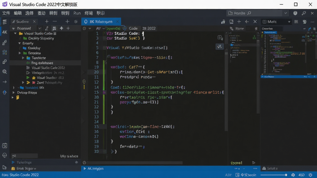主体:Visual Studio Code 2022中文解锁版软件主界面,展示深色主题代码编辑区与左侧资源管理器;布局:左侧文件树、中间大屏代码编辑框、右侧迷你地图,顶部菜单栏包含文件、编辑、选择、查看、转到、运行、终端、帮助;排版:清晰的三栏式布局,代码高亮显示,界面简洁有序;风格:现代科技感,深蓝灰配色,扁平化设计,细节:窗口标题栏显示“Visual Studio Code 2022中文解锁版”,底部状态栏显示分支、错误、警告信息,画质:4K超清,干净,无多余元素,无其他水印。