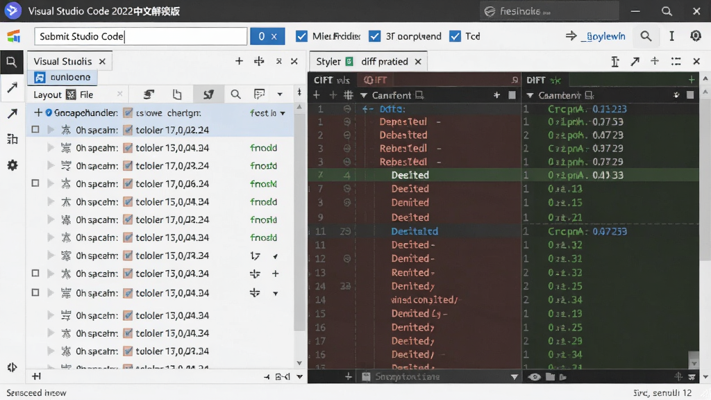 主体:Visual Studio Code 2022中文解锁版源代码管理面板;布局:左侧面板显示更改文件列表,右侧显示diff对比视图;排版:红色表示删除行,绿色表示新增行;风格:简洁清晰,扁平化设计,细节:面板顶部有提交输入框和勾选按钮,画质:高清,干净,无多余元素。