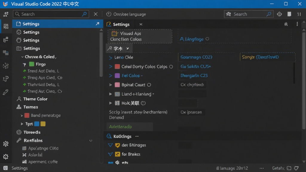 主体:Visual Studio Code 2022中文解锁版设置界面,显示中文语言包已启用;布局:左侧设置列表,右侧配置项;排版:清晰分类,搜索框高亮;风格:简洁明亮,细节:设置项包含字体大小、主题颜色、文件关联等,画质:高清,干净,无多余元素。