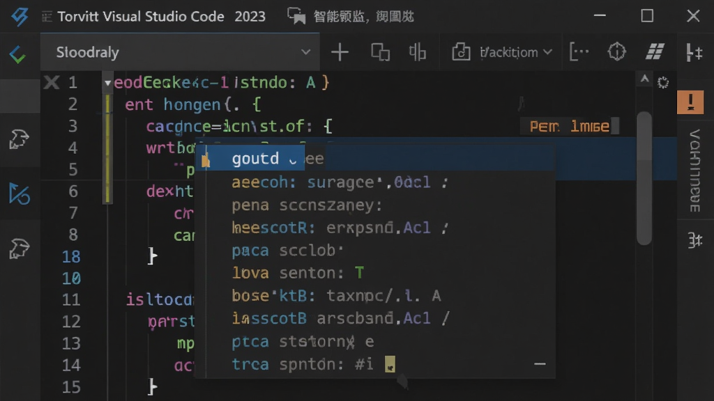 特写Visual Studio Code 2023中文版代码编辑区,光标处弹出智能补全下拉框,列表显示函数名和类型说明,彩色语法高亮,左侧行号清晰,右侧滚动条带错误提示标记,背景为深色编辑器主题,布局聚焦,风格写实,细节丰富,画质清晰,干净无多余元素