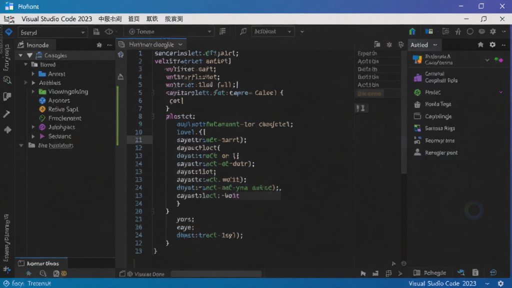 画面中央展示Visual Studio Code 2023中文版界面,深色主题,左侧文件树,中间代码编辑区高亮显示JavaScript代码,右侧活动栏图标清晰,顶部菜单栏显示中文菜单,背景为干净的渐变蓝紫色,布局规整,风格现代,细节丰富,画质高清,干净无多余元素