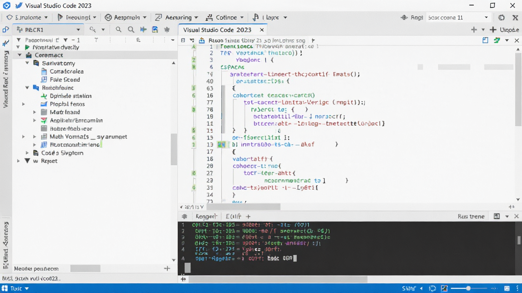 Visual Studio Code 2023中文版运行中,左侧文件树,右侧代码编辑区,底部终端显示命令输出,界面明亮,布局清晰,风格专业,细节丰富,画质高清,干净无多余元素