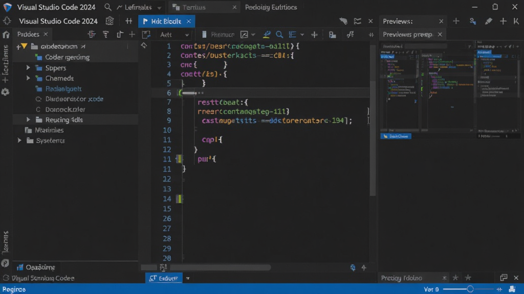 Visual Studio Code 2024激活版的主界面截图,左侧是资源管理器,中间是代码编辑区,右侧是预览窗口,整体采用深色主题,布局简洁清晰,风格现代专业,画质高清,干净无多余元素