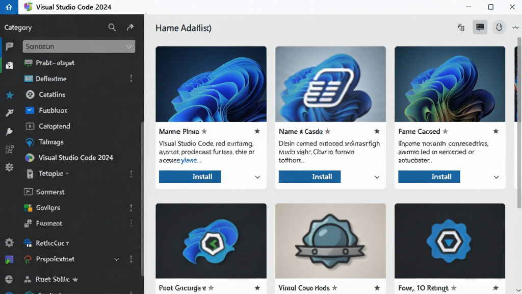 Visual Studio Code 2024激活版扩展商店界面,左侧分类列表,右侧展示热门插件卡片,包括名称、简介和安装按钮,整体布局清晰,风格现代,画质高清,无多余元素