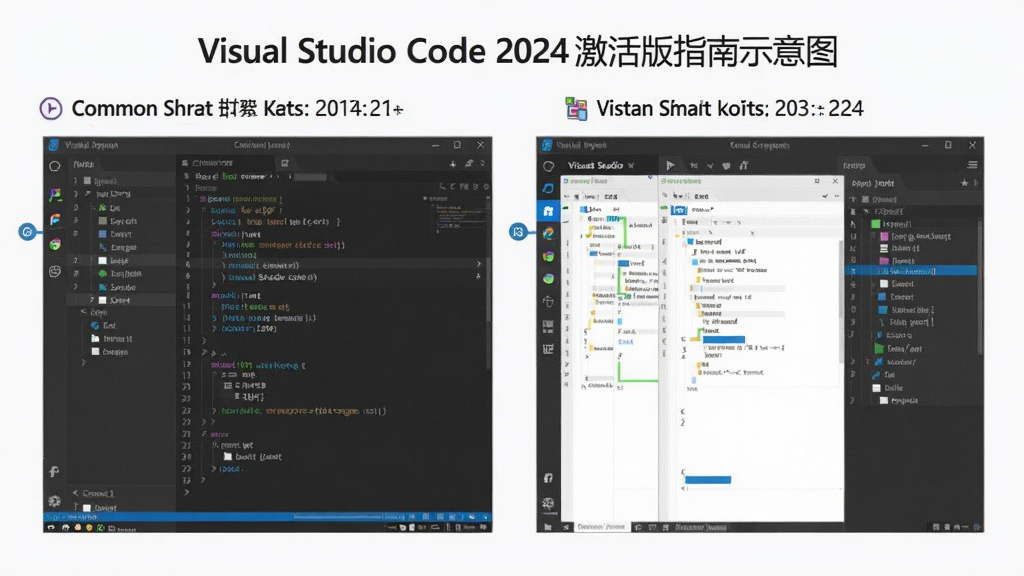 Visual Studio Code 2024激活版使用指南示意图,展示了常用快捷键和界面布局,图文并茂,风格简洁,画质清晰,无多余元素