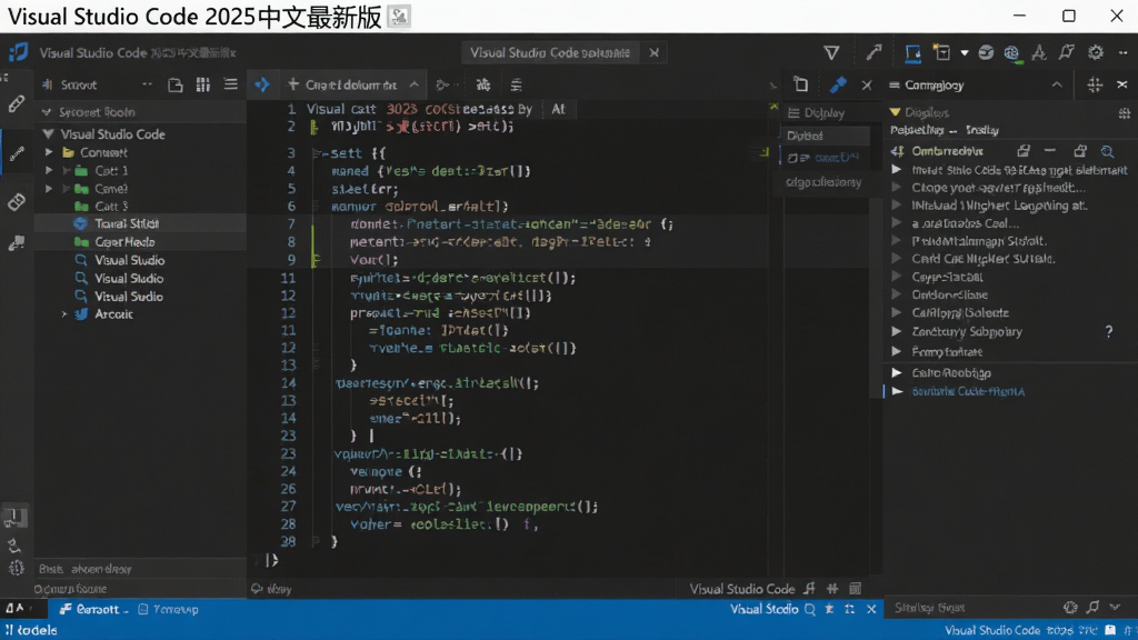 画面主体为Visual Studio Code 2025中文最新版的软件界面,深色主题代码编辑窗口占据画面中心,左侧活动栏与文件树清晰可见,右侧调试面板展开。布局采用经典IDE工作台设计,排版规整有序。风格为高清数字渲染,界面细节锐利,代码行高亮显示,编辑器背景干净无多余元素,画质极佳。界面左上角显示“Visual Studio Code 2025中文最新版”字样。