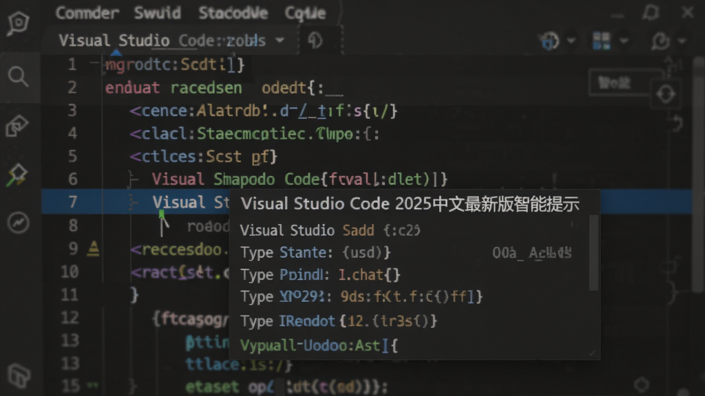特写Visual Studio Code 2025中文最新版编辑器中智能补全下拉列表,背景为模糊的代码行,前景清晰显示函数参数提示与类型标注。布局聚焦于光标处的悬浮提示框,排版简洁。风格为高分辨率UI截图风格,细节展示丰富语法高亮颜色,画面干净无多余图标,画质清晰。提示框内显示“Visual Studio Code 2025中文最新版智能提示”。