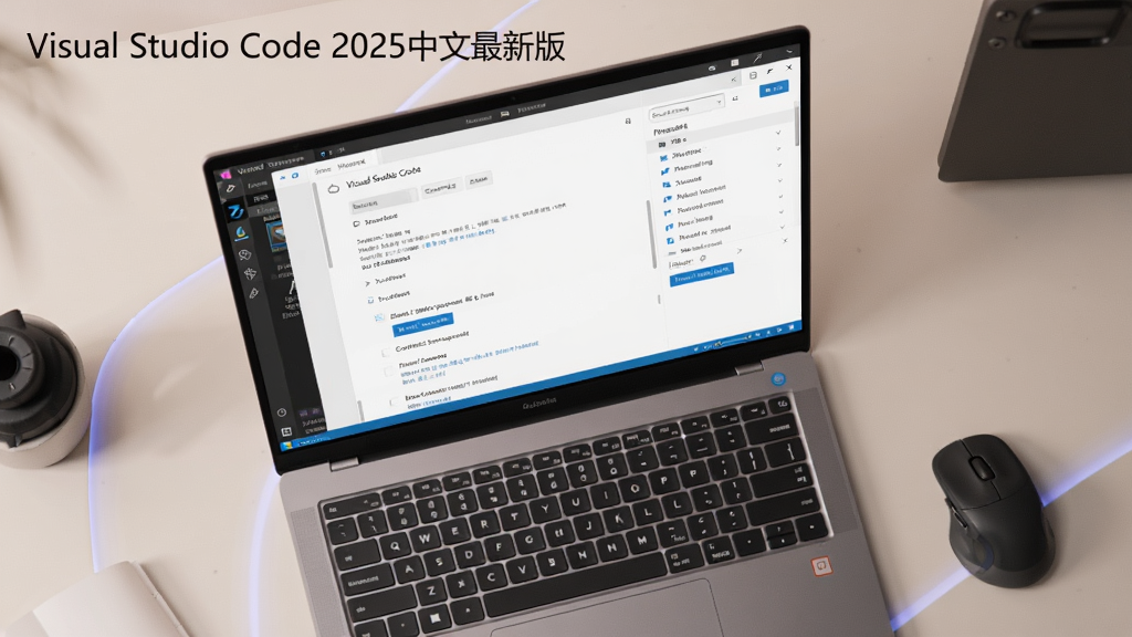 展示Visual Studio Code 2025中文最新版在笔记本电脑上运行,屏幕显示设置页面与扩展管理列表,桌面整洁。布局为俯视角度,突出键盘与鼠标。风格为现代数码产品摄影,色调柔和,细节包括屏幕反光与按键质感,画质高清干净,屏幕左上角有“Visual Studio Code 2025中文最新版”字样。