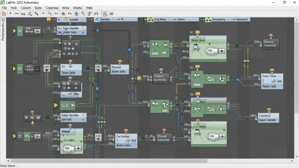 一张LabVIEW 2022破解版程序框图的特写图片,主体是程序框图编辑界面,布局展示各种函数节点与数据连线,风格专业清晰,细节呈现循环结构、事件结构、局部变量等元素,画质干净,无多余元素。