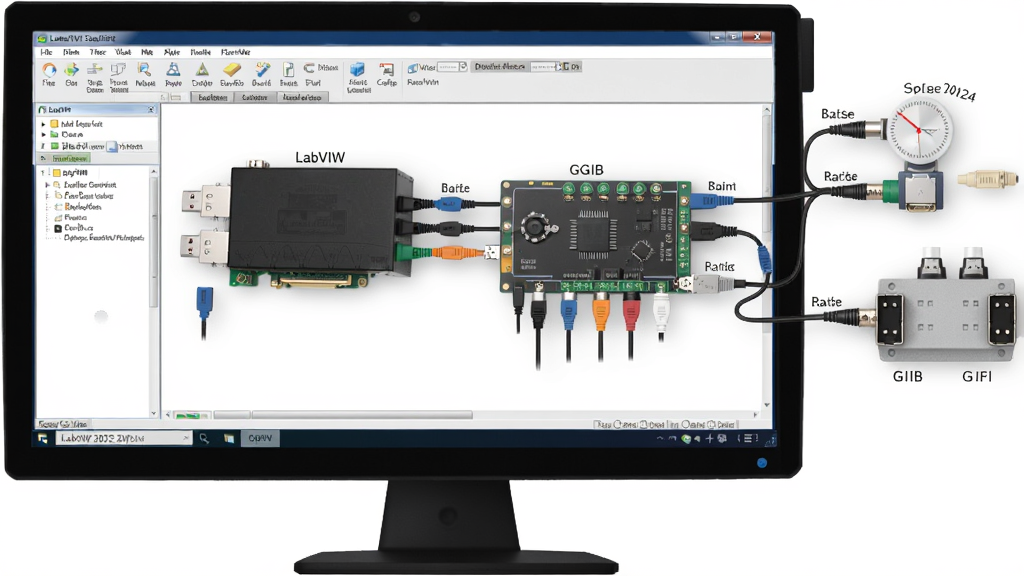 一张展示LabVIEW 2022破解版连接多种硬件的示意图片,主体是电脑屏幕上的LabVIEW软件界面与外部数据采集卡、传感器等硬件连接示意,布局清晰,风格写实,细节体现USB、GPIB、串口等接口,画质干净,无多余元素。