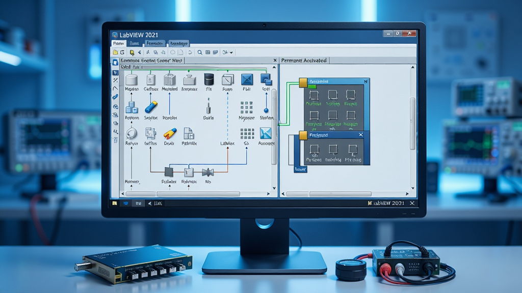 主体:一张高清的电脑屏幕显示LabVIEW 2021永久激活版的图形化编程界面,前面板与程序框图清晰可见。布局:屏幕居中,四周有柔和的科技感光效,下方摆放着数据采集卡和传感器等硬件设备。排版:画面层次分明,前景聚焦软件界面,背景虚化。风格:现代科技风格,蓝色调为主,光线明亮。细节:软件界面上的图标和连线清晰可辨,屏幕边缘有“LabVIEW 2021”字样。画质:8K超清,细节丰富,干净无多余元素。