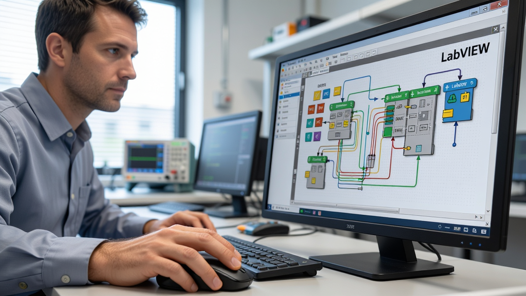 主体:一位工程师正在使用LabVIEW 2021永久激活版进行图形化编程,屏幕上显示着色彩丰富的图标和连线。布局:工程师位于画面左侧,屏幕占据右侧主要区域,两者形成对角线构图。排版:前景为工程师操作鼠标的手部特写,背景是整洁的研发实验室。风格:写实风格,光线自然,色彩鲜明。细节:屏幕上的程序框图有“LabVIEW”标识,工程师表情专注。画质:高清,细节锐利,干净无多余元素。