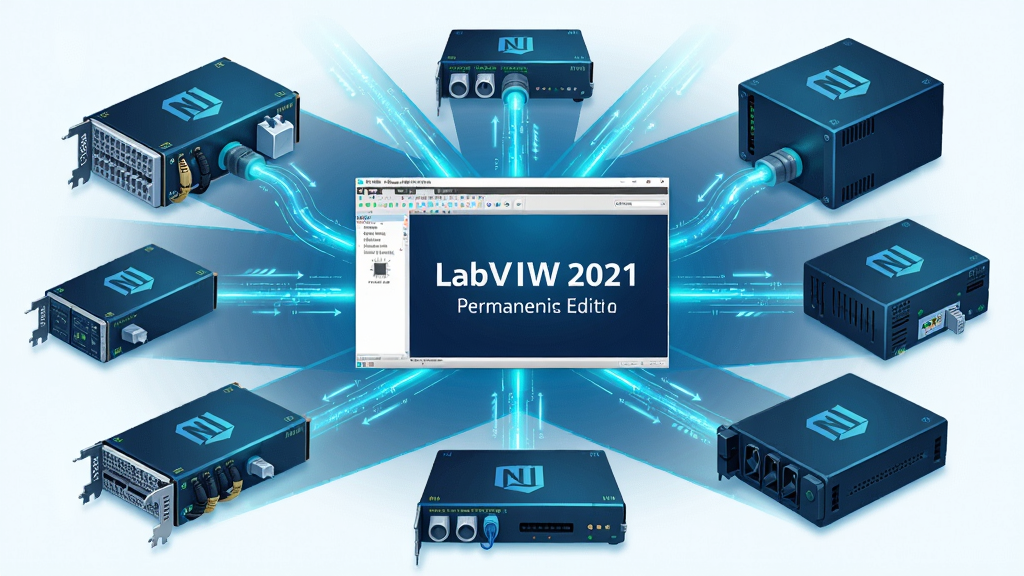 主体:LabVIEW 2021永久激活版软件界面与多种NI硬件设备(如数据采集卡、机箱)的连接示意图。布局:中央为软件界面截图,四周环绕着各类硬件设备,用发光的线条表示连接关系。排版:采用中心放射状构图,硬件设备按大小错落排列。风格:科技感插画风格,蓝色与青色为主色调。细节:每个硬件上都有“NI”标志,连接线带有数据流动的光效。画质:高分辨率,清晰锐利,干净无多余元素。