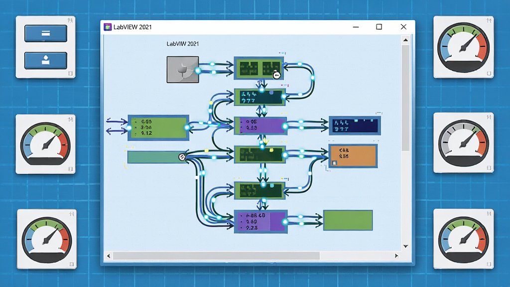 主体:一张LabVIEW 2021永久激活版的程序框图编辑界面,显示着完整的数据流程序。布局:界面居中,周围散落着几个关键的控件图标,如按钮、仪表盘。排版:前景为程序框图,背景为淡蓝色的技术网格。风格:扁平化设计,色彩鲜明。细节:连线上有流动的亮点,表示数据流动,窗口标题栏显示“LabVIEW 2021”。画质:高清,干净无多余元素。