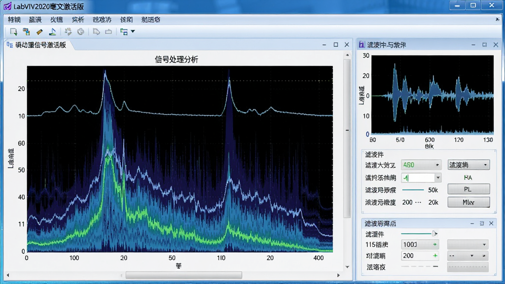LabVIEW2020中文激活版信号处理分析界面,展示频谱图与滤波器配置面板,波形线条流畅,界面布局合理,科技蓝配色,画质高级,无多余元素