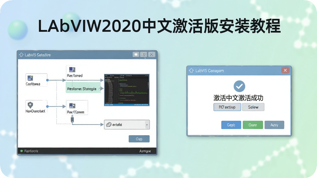 LabVIEW2020中文激活版安装教程步骤示意图,展示安装向导界面与激活成功弹窗,风格清晰明亮,色彩柔和,画质干净,无多余元素