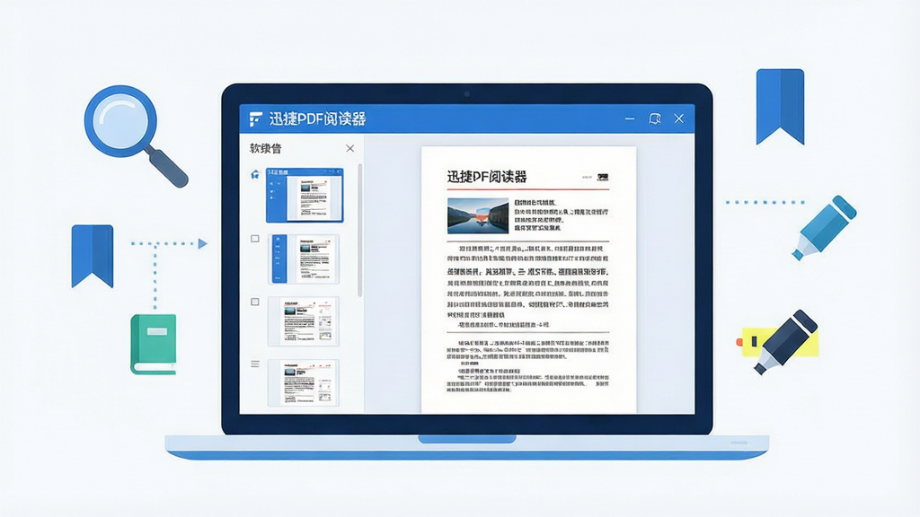 一幅现代扁平化风格的软件宣传主视觉图,画面中央是一台笔记本电脑,屏幕中显示“迅捷PDF阅读器”的界面,左侧为缩略图栏,右侧为清晰的PDF文档页面,周围环绕着放大镜、书签、高亮笔等图标元素,整体配色以蓝色和白色为主,背景干净,无多余文字,画质高清,细节丰富,风格简洁大气。