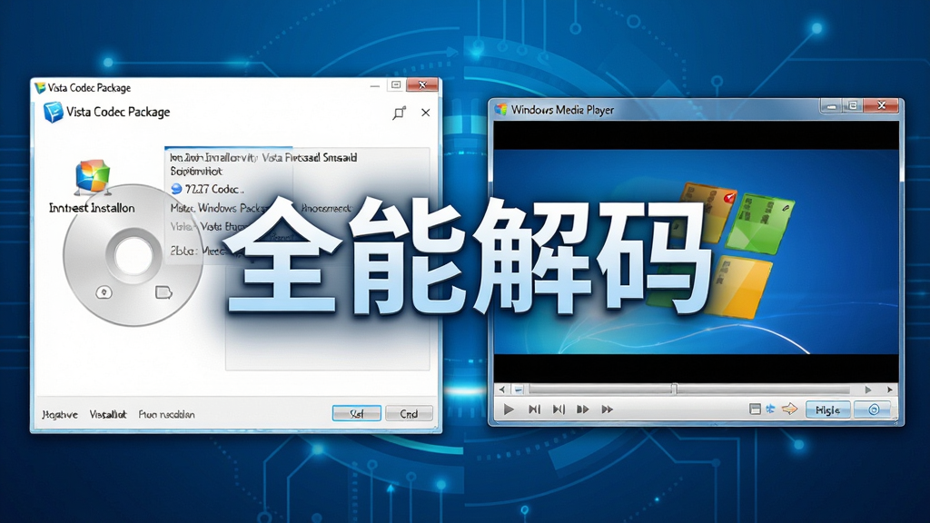 画面主体为软件安装界面与播放器窗口的拼合场景,左侧是Vista Codec Package安装向导的截图样式,右侧是Windows Media Player正在流畅播放高清视频的画面。布局采用左右对称结构,整体背景为渐变蓝色科技感风格。排版要求文字清晰,界面元素排列整齐。风格偏向现代简约的软件宣传海报。细节上要突出“全能解码”字样,画质高清,干净无多余元素。
