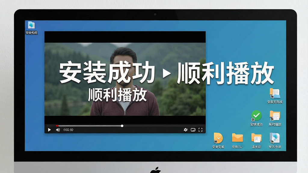 画面主体为电脑屏幕中显示视频播放正常,同时旁边有安装完成后的桌面图标。布局为电脑屏幕特写,图标在屏幕右下角。排版要求屏幕内容清晰可见。风格为写实与扁平结合。细节上突出“安装成功”与“顺利播放”字样,画质干净无多余元素。