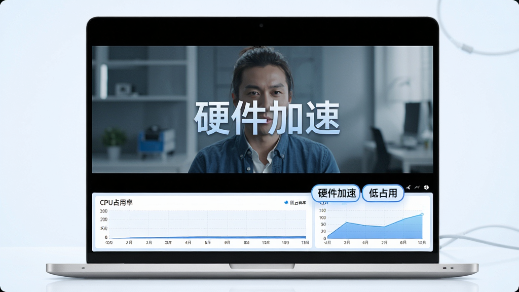 画面主体为一台笔记本电脑,屏幕中正在播放高清视频,同时屏幕下方显示CPU占用率极低的图表。布局采用侧视构图,电脑居中,图表在右下角。排版要求图表清晰,数据明显。风格为科技感蓝白色调。细节上突出“硬件加速”与“低占用”字样,画质干净明亮。