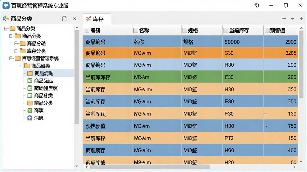 百惠经营管理系统专业版库存管理界面预览图,左侧是商品分类树,右侧是库存列表表格,包含商品编码、名称、规格、当前库存和预警值,表格行间有颜色区分,界面简洁清晰,整体风格商务大气,画质高清,无多余装饰元素