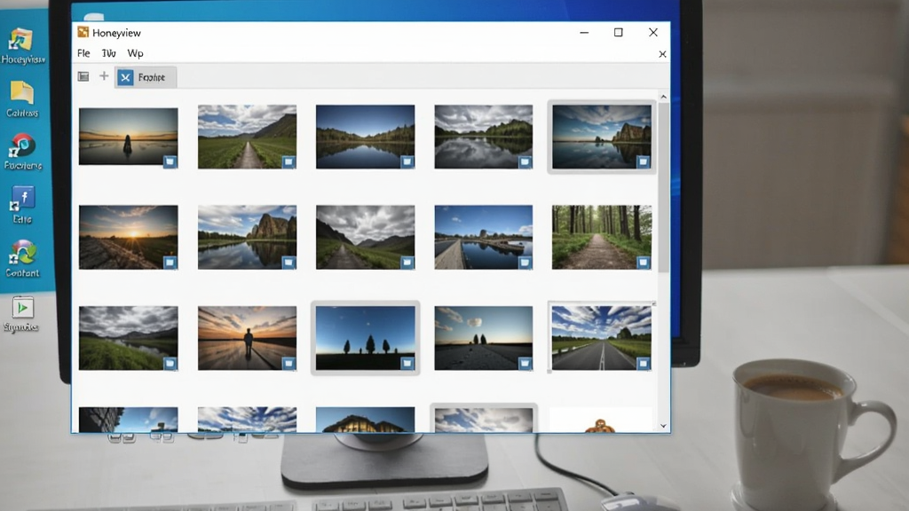 画面主体为Honeyview软件在Windows电脑上运行的截图,背景为桌面,窗口显示多张图片缩略图,旁边放着一杯咖啡,整体氛围轻松,画质清晰,干净无杂物