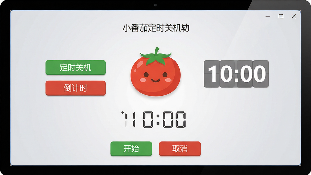 主体:小番茄定时关机软件界面,一个可爱的番茄形状图标在屏幕中央,周围环绕简洁的定时设置面板和倒计时数字。布局:电脑屏幕占画面主体,界面清晰展示“定时关机”和“倒计时”两个选项按钮,背景为柔和的浅灰色渐变。排版:界面元素居中对称,功能按钮排列整齐,数字时钟醒目。风格:扁平化设计,色彩明亮,以番茄红和绿色为主色调。细节:番茄图标带有微笑表情,屏幕上显示“10:00”倒计时,底部有“开始”和“取消”按钮。画质:高清渲染,干净,无多余元素。