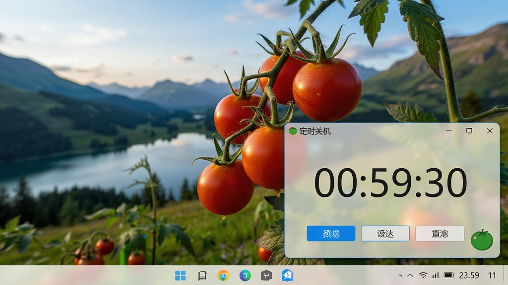 主体:小番茄定时关机软件在Windows 11桌面上运行的截图,桌面背景为风景图。布局:软件窗口位于屏幕右下方,显示倒计时“00:59:30”,托盘图标为绿色番茄。排版:窗口半透明效果,按钮清晰可见。风格:真实桌面截图,光线自然。细节:桌面任务栏显示时间“23:59”,窗口边缘有阴影。画质:高清,干净,无多余元素。