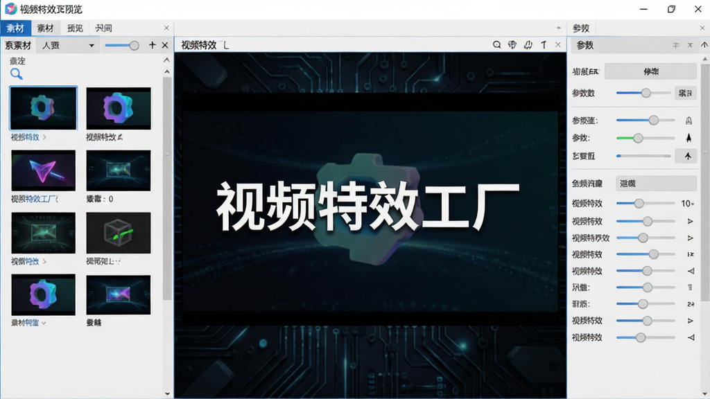 视频特效工厂主界面预览图 展示软件整体布局,左侧素材库、中间预览窗口、右侧参数调节面板,界面风格现代简洁,色彩明快,背景为深色科技感纹理,画面中央显示“视频特效工厂”字样,高清渲染,干净无多余元素