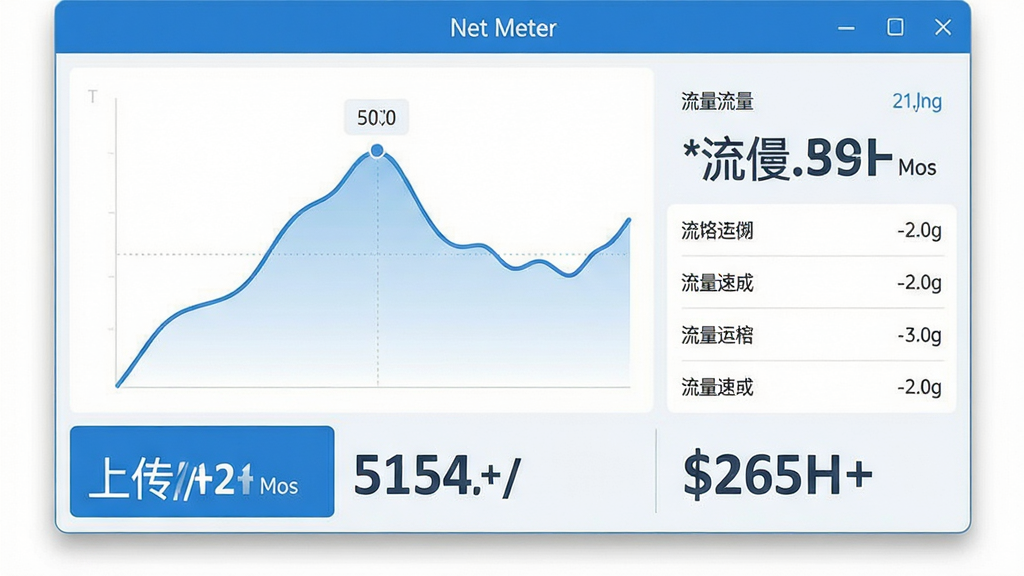主体:Net Meter软件界面悬浮窗展示实时网速数据,布局:居中显示主界面,左侧为速度曲线图,右侧为流量统计列表,排版:简洁清晰,上方标题栏显示“Net Meter”字样,下方分栏展示上传/下载速度,风格:现代扁平化设计,蓝白配色,细节:速度数字采用大号字体突出显示,曲线图平滑流畅,画质:高清,干净,无多余元素