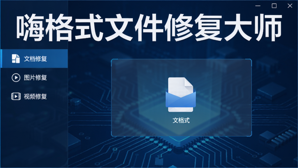 嗨格式文件修复大师主界面,深蓝色科技风格背景,中央显示文件拖拽区域,左侧功能栏列出文档修复、图片修复、视频修复选项,整体布局简洁清晰,界面字体为白色,突出软件名称“嗨格式文件修复大师”,画质高清干净无多余元素