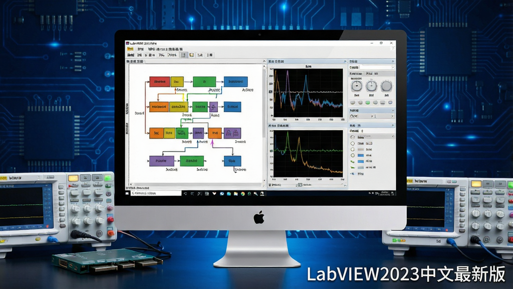 一幅现代科技感十足的宽幅横幅图片,主体为“LabVIEW2023中文最新版”软件界面运行在高端台式电脑显示器上,屏幕中展示着色彩鲜明的数据流框图、波形图表和前面板控件,周围环绕着示波器、数据采集卡等测试仪器,背景为深蓝色科技光效与电路板纹理,布局大气简洁,风格专业写实,细节清晰,画质高,干净无多余元素,图片右下角标注“LabVIEW2023中文最新版”文字。